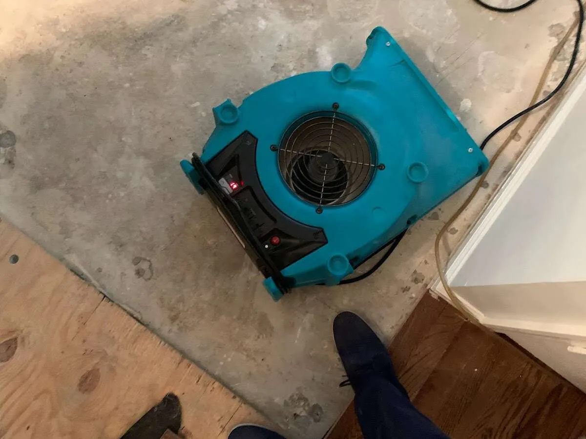 Air mover drying subfloor during Leak Detection & Repair in Crandall